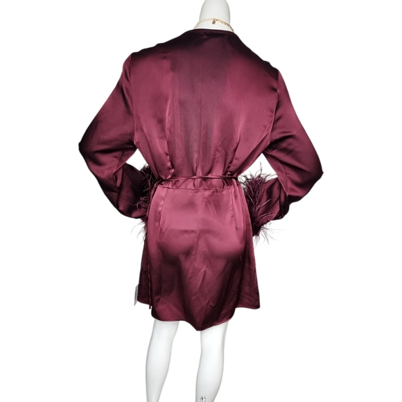 NWT Glamorous Burgundy Satin Feather Trim Wrap Mini Dress Size Large - Picture 3 of 7